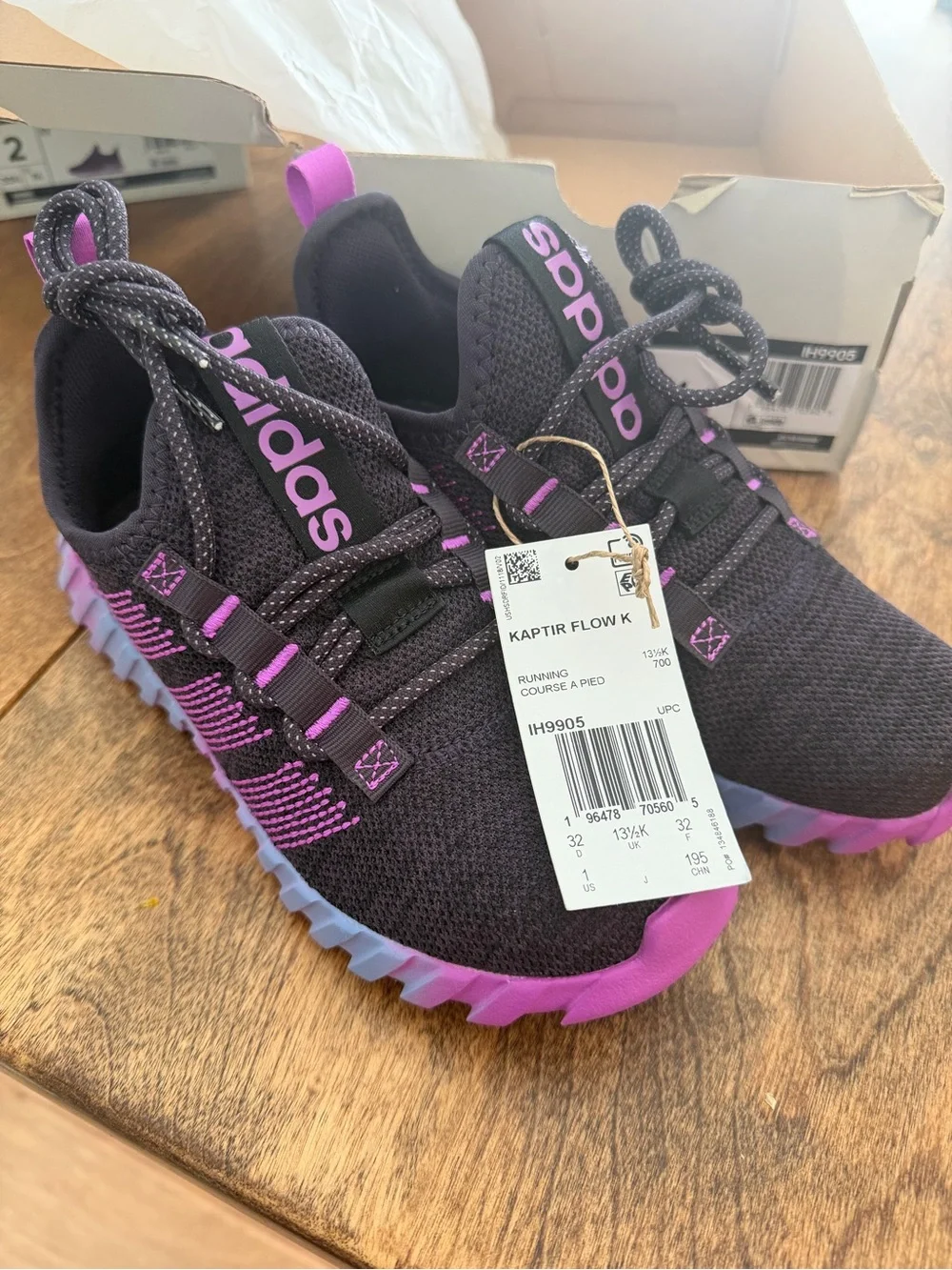 Adidas Kaptir Flow K running shoes in black purple diagonal stripes US 1 NWT